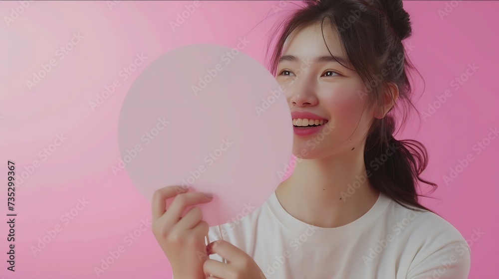 Generative AI : Woman showing sign speech bubble banner looking happy excited on pink background. Generative AI : Woman showing sign speech bubble banner looking happy excited on pink background.