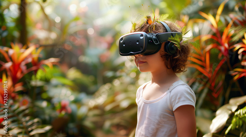 School child wearing virtual reality glasses is botanic against the background of the Amazon jungle with exotic bright flowers and trees. Concept of the virtual reality in school education photo