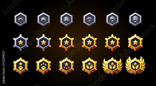 Rank silver and gold badges set. Patent, star and wings. Metal 3d effect. Perfect for game level.