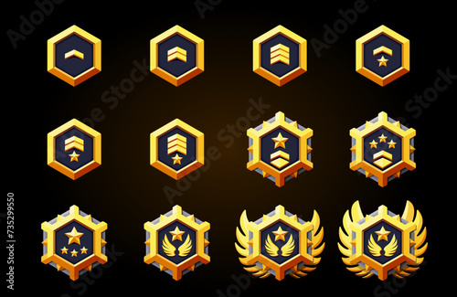Rank gold badges set. Patent, star and wings. Metallic 3d effect. Perfect for game level.