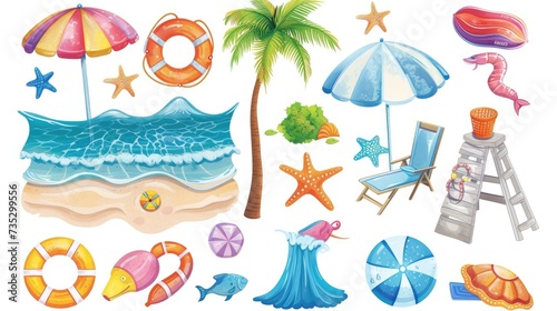 Big summer set. Summer set of cute elements  swimsuit  sunglasses  sun lounger with umbrella  swimming circle  hat  starfish  fruit  ice cream  fins and mask  surfboard