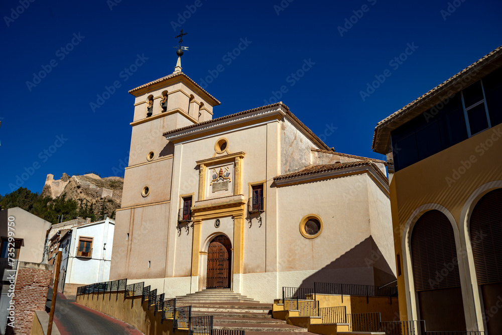 Facade of the parish of San Pedro Apostol de Calasparra, Region of Murcia, Spain, on a sunny day