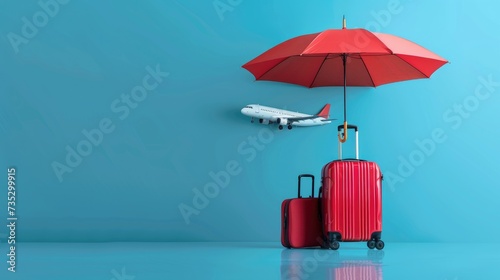 Travel insurance business concept. Red umbrella cover airplane and suitcases on blue background. Travel insurance covers loss suitcase, flight delays, cancellations, accident and medical expenses