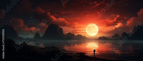 Figure Witnessing a Spectacular Alien Sunset with Crimson Skies and a Giant Moon