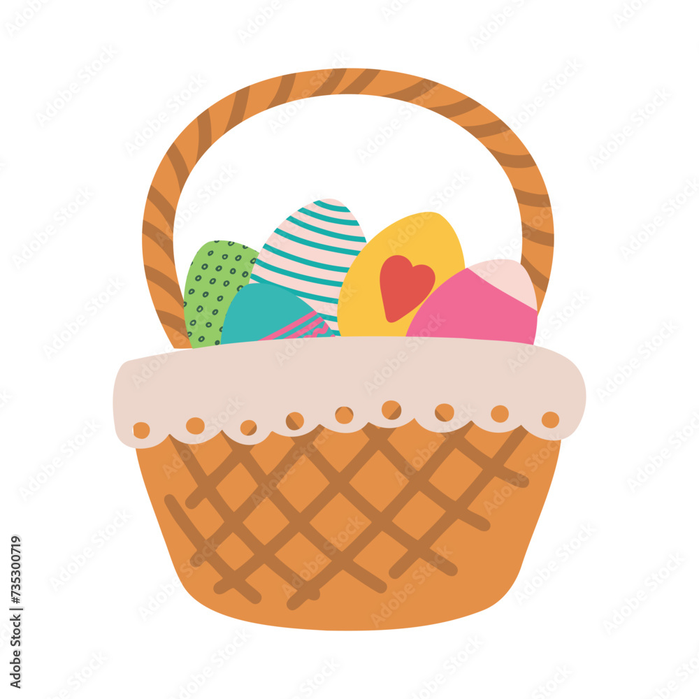 Easter basket filled with hand painted pastel Easter Eggs over a white background Easter basket filled with hand painted pastel Easter Eggs over a white background