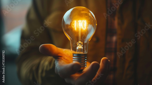 hand holding a glowing, illuminated light bulb against a blurry background.