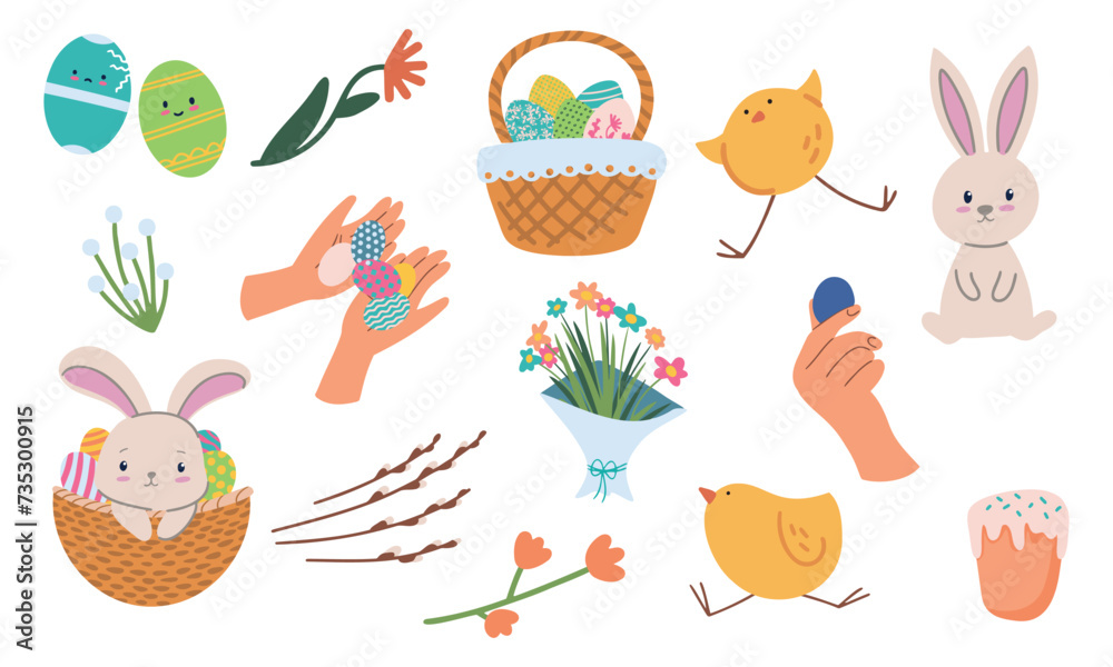 Cartoon vector easter set with fllowers, characters and other attributes Cartoon vector easter set with fllowers, characters and other attributes