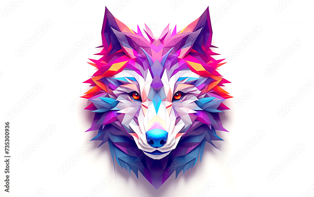 Obraz premium Wolf face made of multi-colored geometric elements. Portrait of animal looking at screen. Fantastic wolf on white