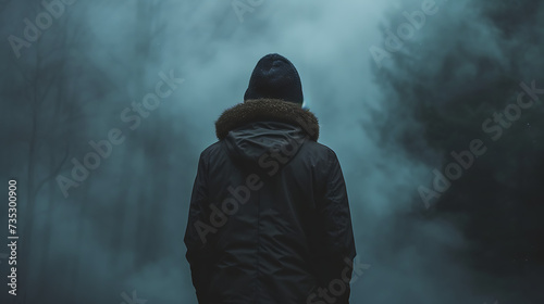 Man standing before foggy dark forest.