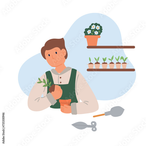 Young man planting and watering plants in the spring garden. Growing and caring for flowers or herbs. Gardening concept. Flat vector illustration.