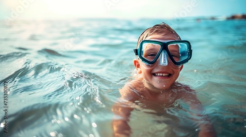 Generative AI : Happy cheerful boy in snorkeling mask diving in sea water on the beach and smiling in camera. 