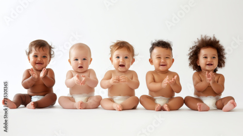smiling babies sitting in a row on a white background, each wearing a diaper and clapping their hands. photo