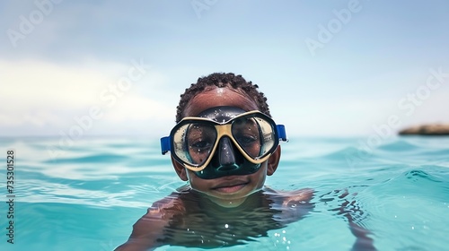 Generative AI : African American boy of school age wearing mask and snorkel while diving in ocean 