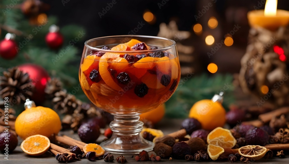 Compote from dried fruits and spices on christmas winter time