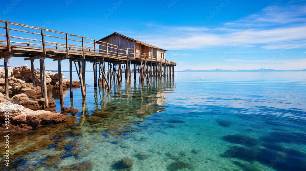 Trabocchi Coast in Italy. Wooden house and pier