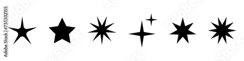 Vector retro set of futuristic sparkle star icons. Collection of star shapes. Y2k abstract signs. Abstract cool shine elements for banner or poster design.
