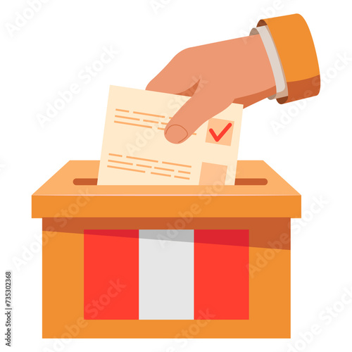 Elections to the Peru.Flag of Peru.Hand voting ballot box icon.Hand putting paper in the ballot box.Vote icon.Voting concept.