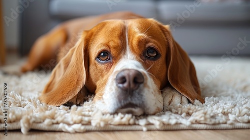 a brown and white dog laying on top of a rug on top of a wooden floor next to a couch.