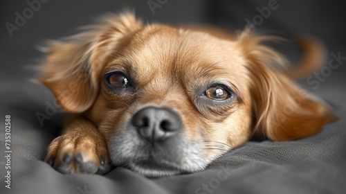 a close up of a dog laying on a bed with it's head resting on the covers of the bed.