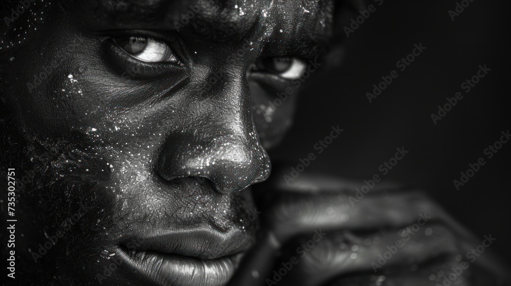 a black and white photo of a man with white paint on his face and hands on his face, looking at the camera.