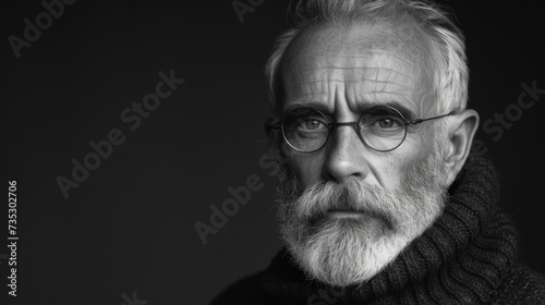 a black and white photo of an older man with a white beard and wearing a turtle neck sweater and glasses. photo
