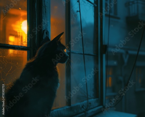 a cat sitting on a window sill looking out of a window at the outside of a building at night.
