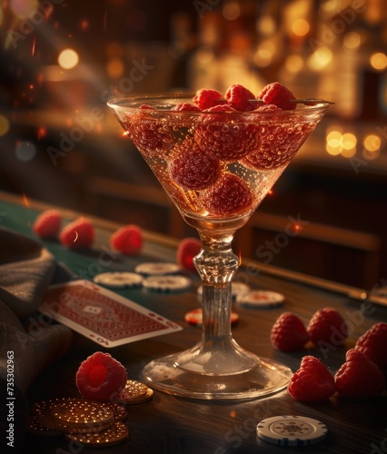 a glass filled with raspberries sitting on top of a table next to a deck of cards and chips. photo