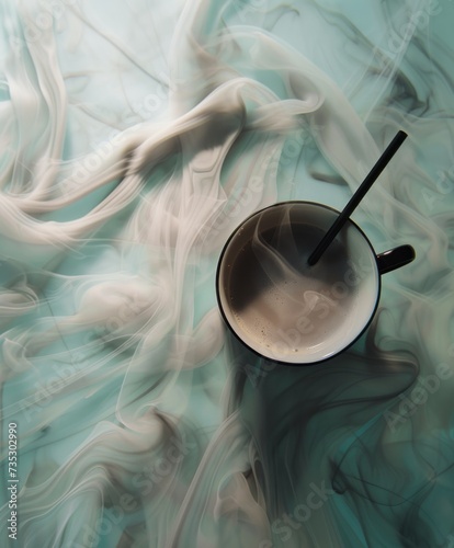 a cup with a spoon inside of it sitting on a blue and white surface with white swirls on it. photo