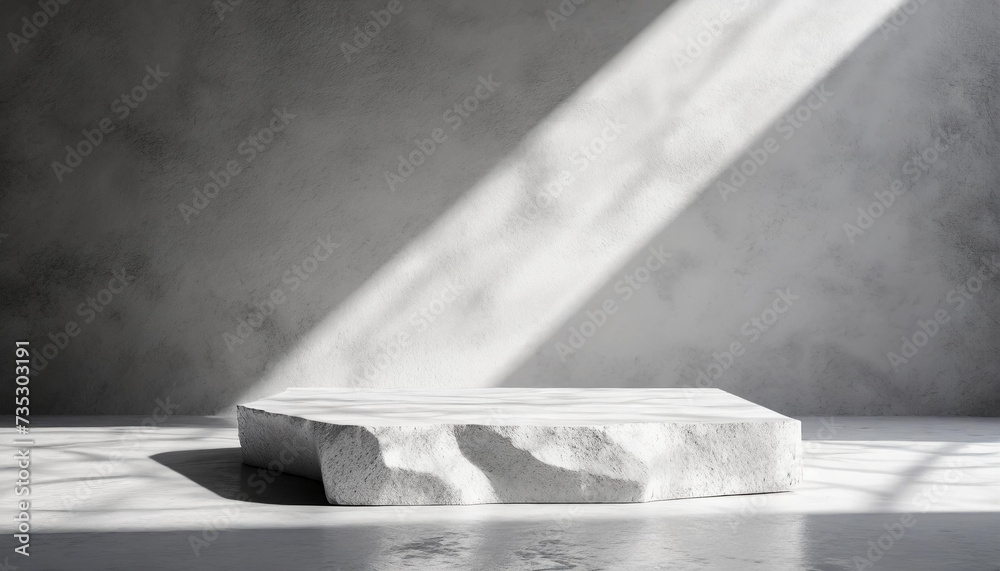 Stone podium with shadow overlay. Minimal scene for product presentation or advertising Stone podium with shadow overlay. Minimal scene for product presentation or advertising