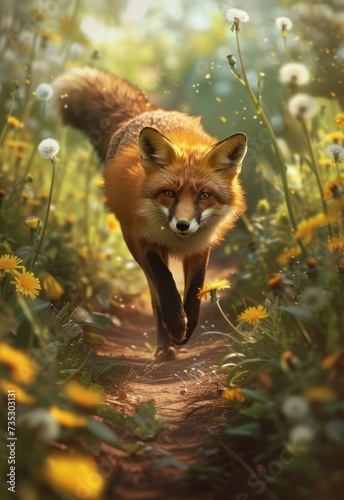 a fox is walking down a path in a field of dandelions and wildflowers with a blurry background.