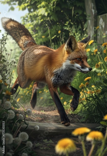 a digital painting of a red fox running through a field of wildflowers and dandelions on a sunny day.