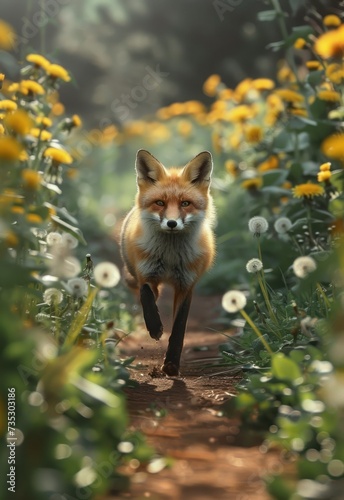 a red fox is running through a field of dandelions and wildflowers in the foreground, with a blurry background of yellow and white dandelions in the foreground. © Jevjenijs