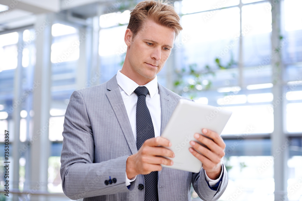 Businessman, reading or tablet for research on website, internet or social media in digital agency. Networking, app or employee typing on technology for schedule, news or online solution in office Businessman, reading or tablet for research on website, internet or social media in digital agency. Networking, app or employee typing on technology for schedule, news or online solution in office