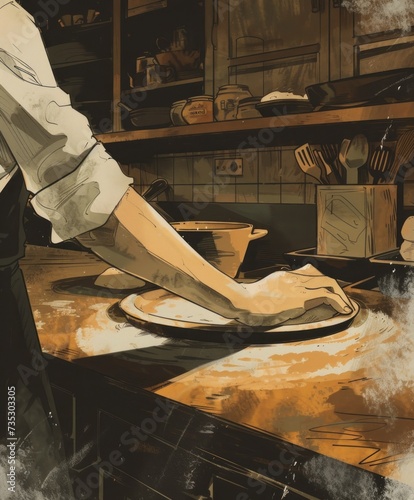 a painting of a person in a kitchen preparing food on a plate with a spatula in front of them. photo