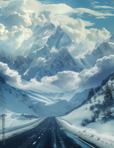 a painting of a snowy mountain scene with a road in the foreground and clouds in the sky in the background.