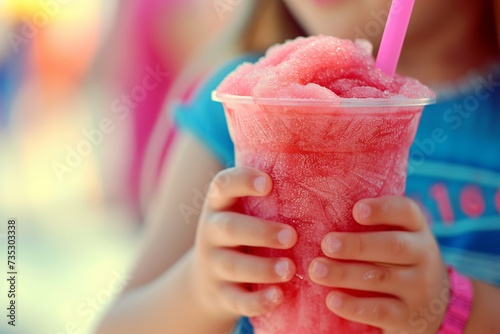 Close up of a child holding a cold slushy crushed ice drink photo