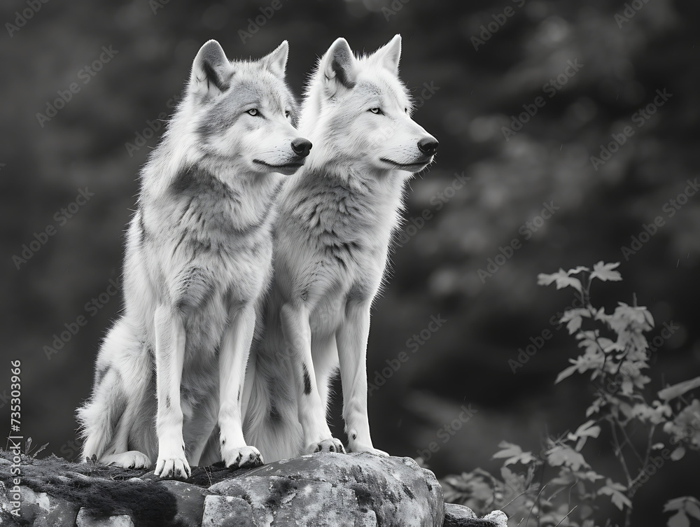 Two wolfs sitting on a rock in deep forest.