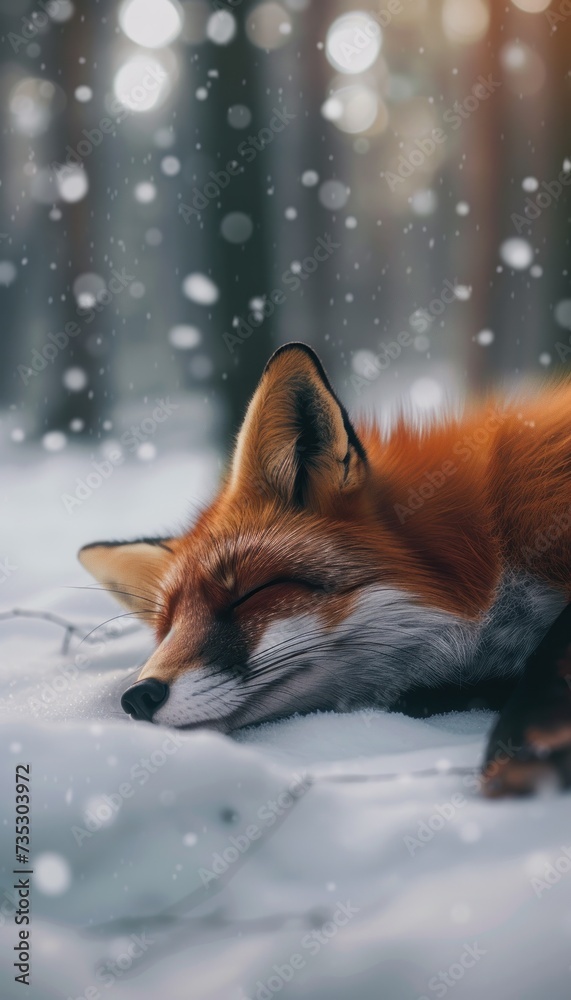 a red fox sleeping in the snow with its head turned to the side, with it's eyes closed.