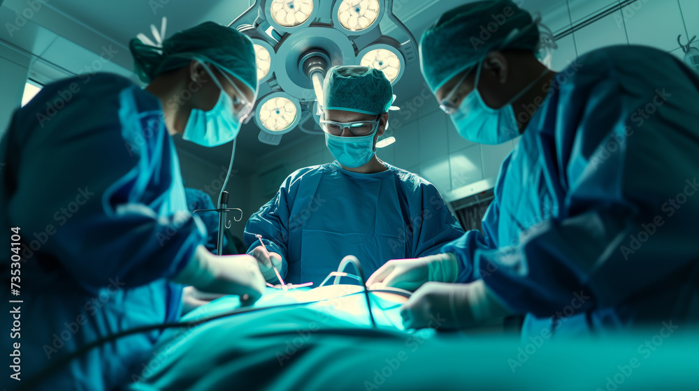 Surgeons perform surgery in the operating theatre on a patient under anaesthesia, treating people Surgeons perform surgery in the operating theatre on a patient under anaesthesia, treating people