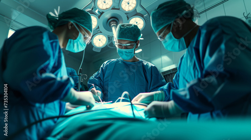 Surgeons perform surgery in the operating theatre on a patient under anaesthesia, treating people