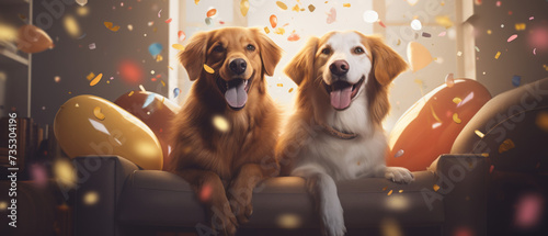 Two Happy Dogs Celebrating with a Festive Confetti and Balloons Party on a Couch © Priessnitz Studio