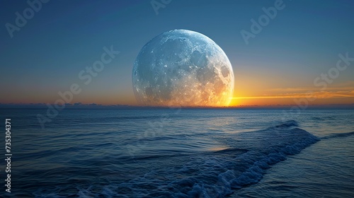 The metaphysical moon emerges majestically over the ocean  painting the sky with golden hues at sunset. scene of cosmic connection of the moon emerging as a transcendental symbol.