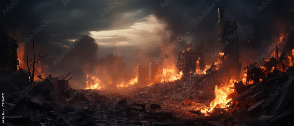 Apocalyptic Scene of a City Engulfed in Flames and Ruins Under a Dark Smoke-Filled Sky