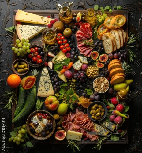 a platter of cheeses, meats, fruit, and cheeses with a variety of meats and cheeses.