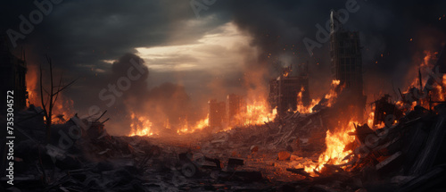 Apocalyptic Scene of a City Engulfed in Flames and Ruins Under a Dark Smoke-Filled Sky