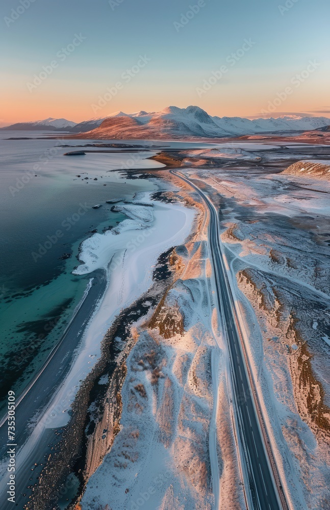 an aerial view of a road next to a body of water with snow on the ground and mountains in the background.