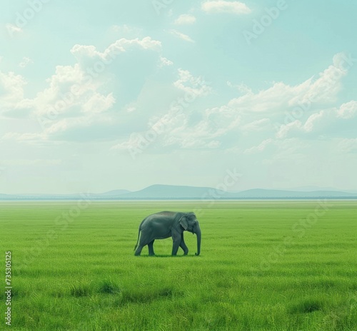 an elephant walking across a green field under a blue sky with a mountain range in the distance in the distance.
