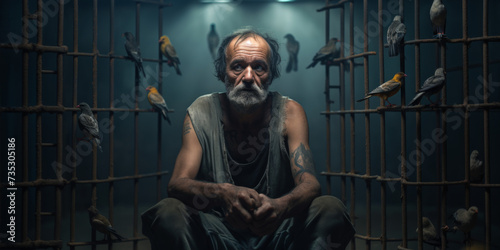 Elderly Man with Tattoos Seated in a Cage Surrounded by Various Birds