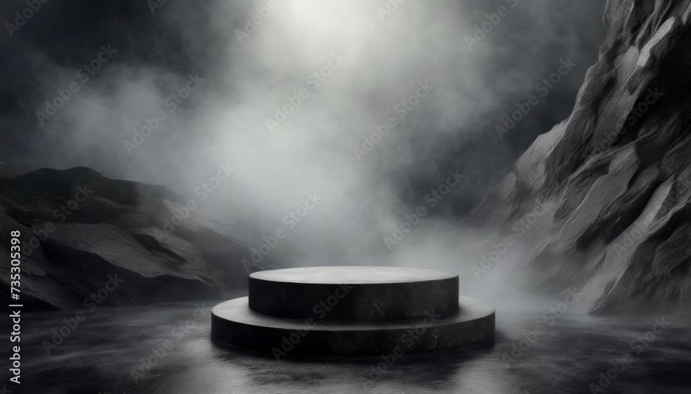 Black rock podium surrounded by fog. Podium stage for product presentation or advertising