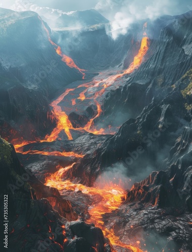 an aerial view of a mountain stream with lava and lava flowing down the side of the stream, with mountains in the background.